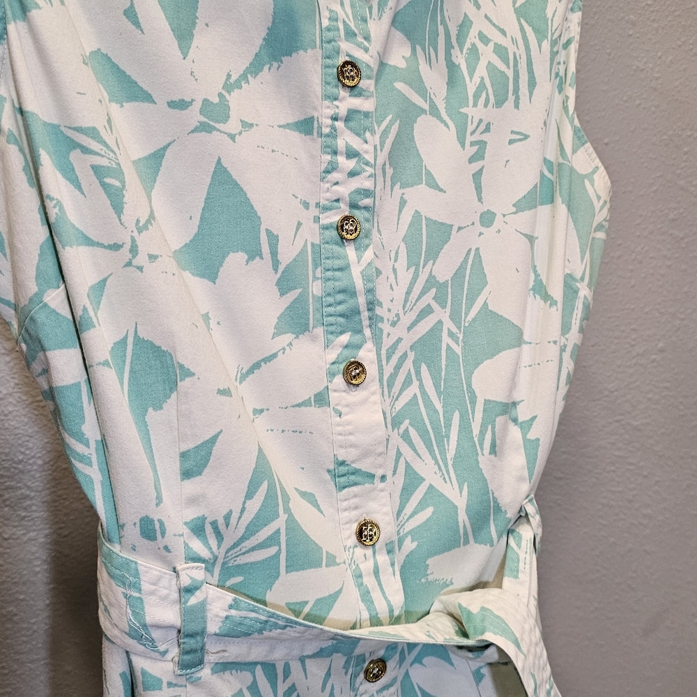 Summer Ready Island Republic Hawaiian Foral Sleeveless Large Aqua & White Belted